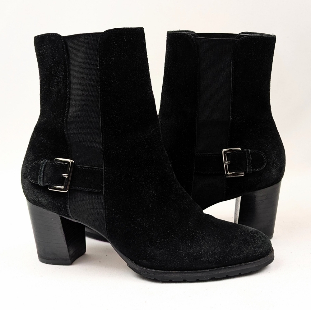 Cole Haan Callan Chelsea Ankle Boots Suede Pull On Buckle Strap Black size 6